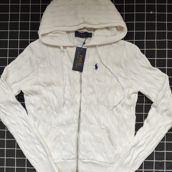 Ralph Lauren Other - Ralph Lauren Cream Cable Knit Zip-Up Hoodie with Navy Pony Logo